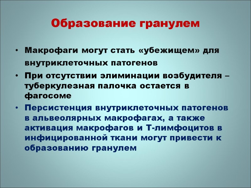 Образование гранулем Макрофаги могут стать «убежищем» для внутриклеточных патогенов  При отсутствии элиминации возбудителя